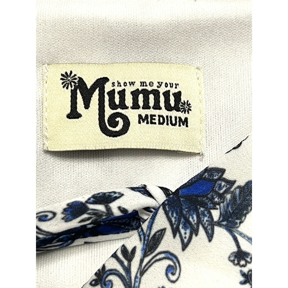 Show Me Your Mumu Dress Womens Medium White Blue Floral Lace Up Flutter Sleeve - Picture 2 of 9